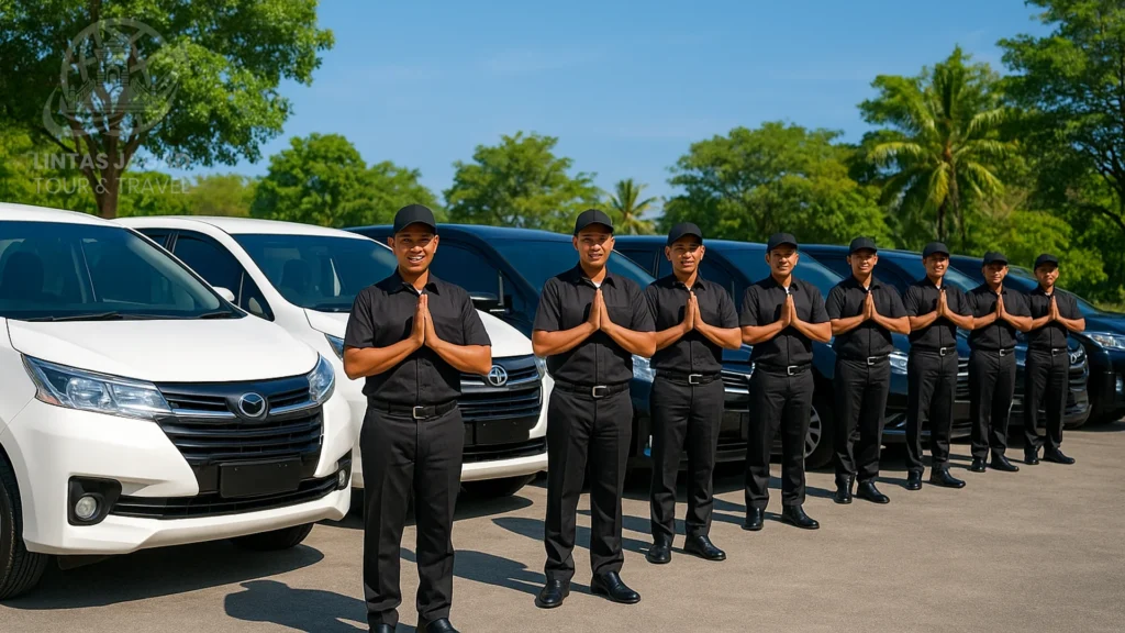 driver lintas jagad sedang berfoto di depan armada sebelum siap berangkat melayani konsumen travel tujuan malang juanda